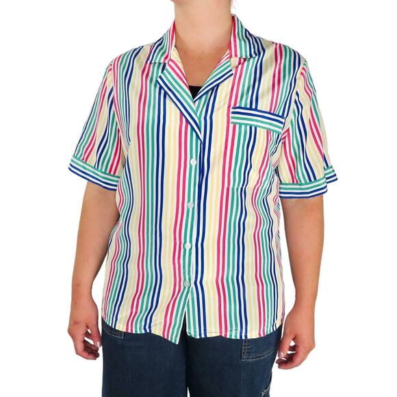 BLEYLE 1980s Vintage Retro Candy Stripe Blouse Short Sleeve Button Down Size L - Picture 1 of 7